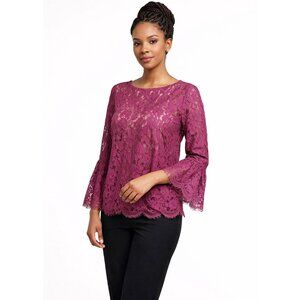 Vintage Karen Kane Magenta Lace Top M • Floral Lace Bell Sleeves USA Made